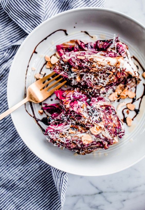 1. Grilled Radicchio With Fig Balsamic Syrup, Parmigiano, and Honey Roasted Almonds