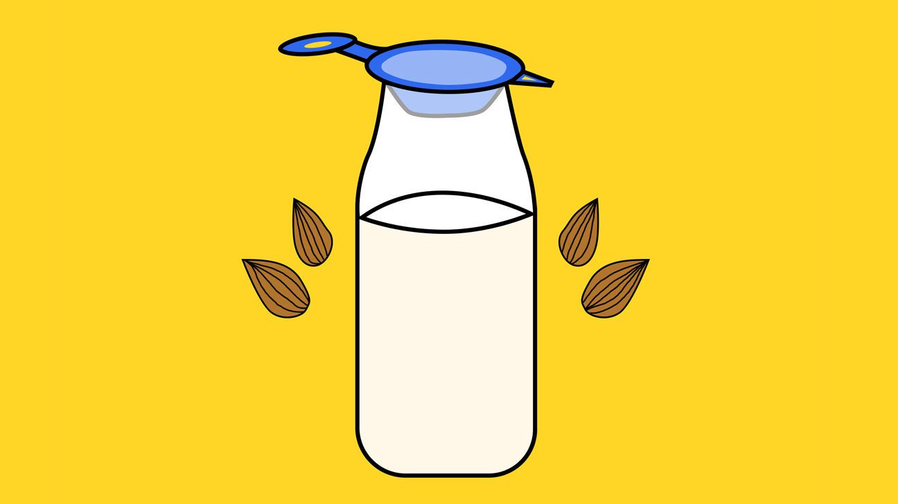 Bottle of almond milk on yellow background