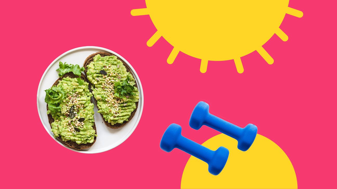 Avocado toast, hand weights overlayed on an illustrated sun to demonstrate a healthy lifestyle