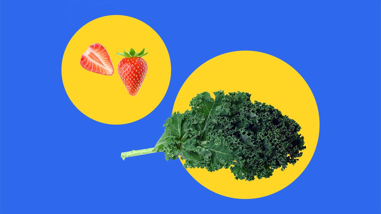 kale and strawberries on an illustrated blue and yellow background