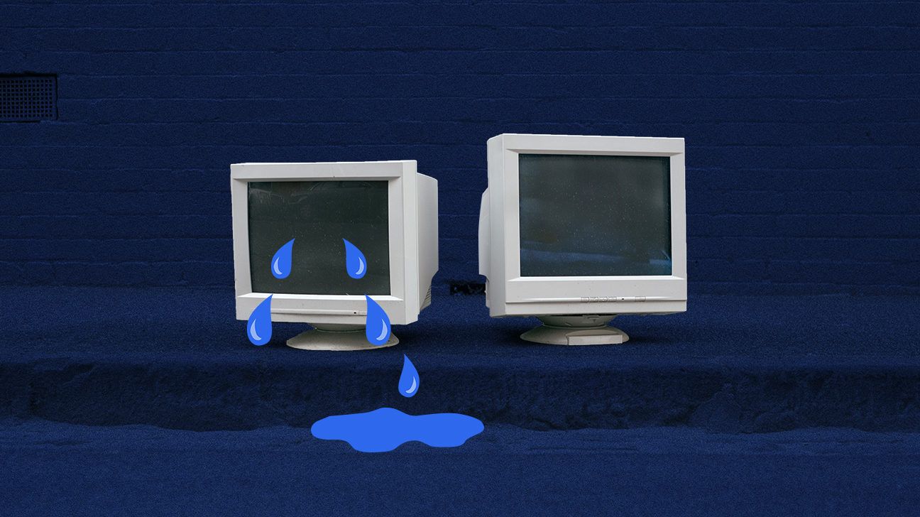 an old computer crying, to signify crying at work