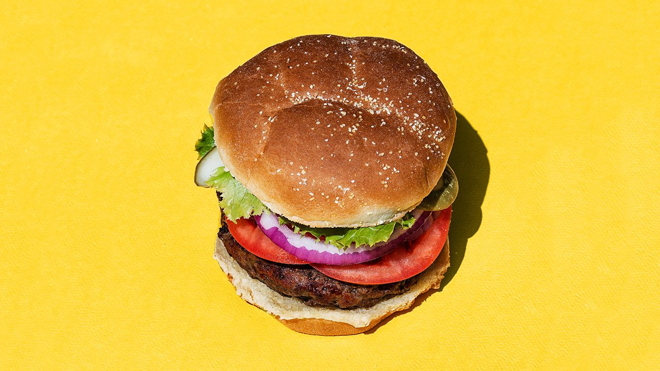 Single Delicious And Fresh Hamburger On Yellow