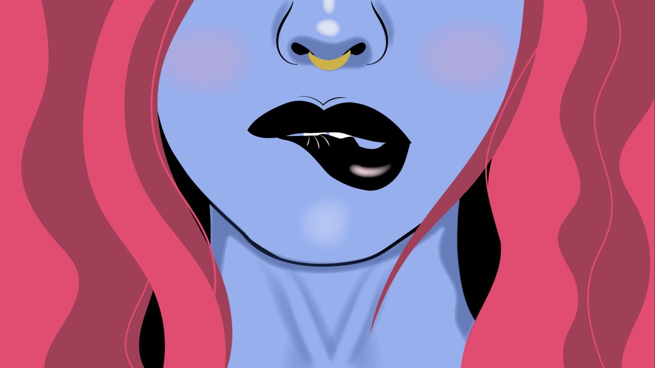 Illustrated woman biting her lip