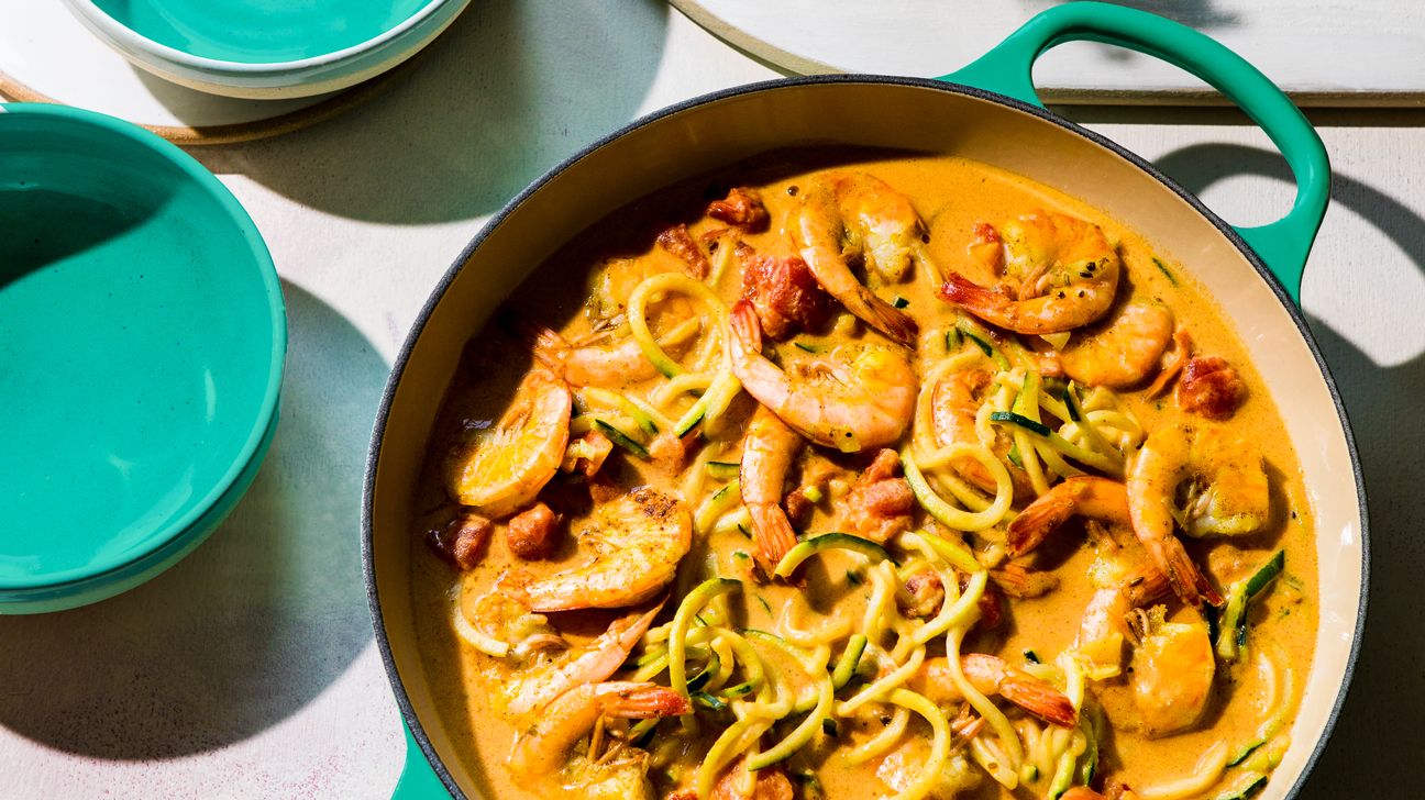 skillet with zucchini noodles and shrimp