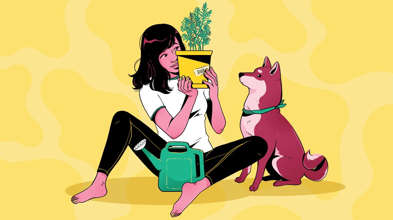 girl-looking-at-plant-dog