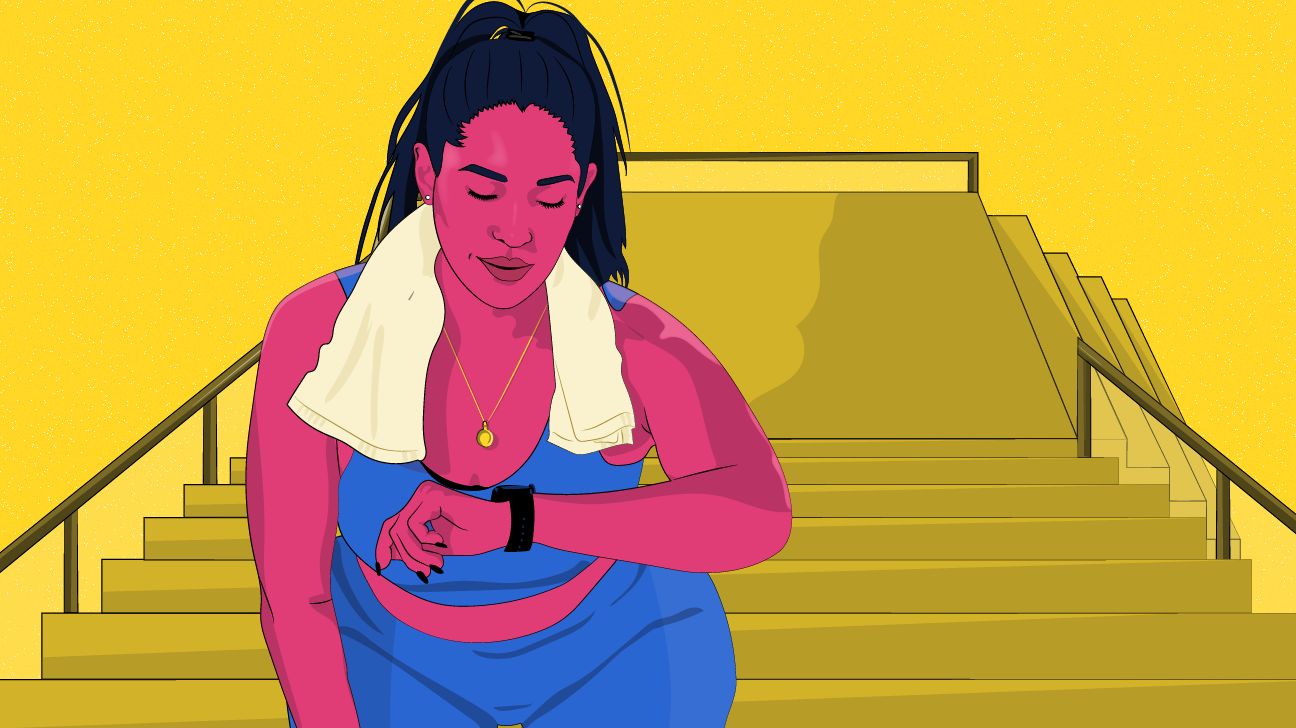 Illustration of a young woman running up stairs and checking her smart watch.
