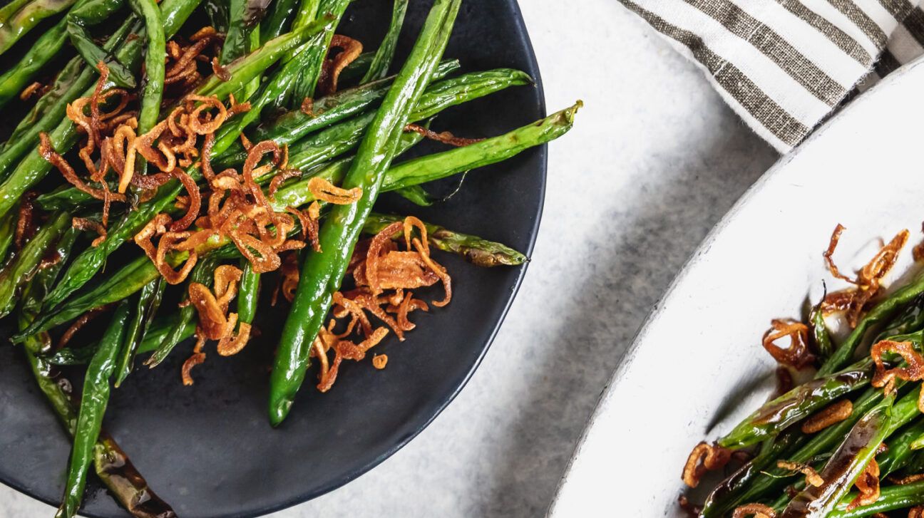 charred maple soy green beans with crispy shallots