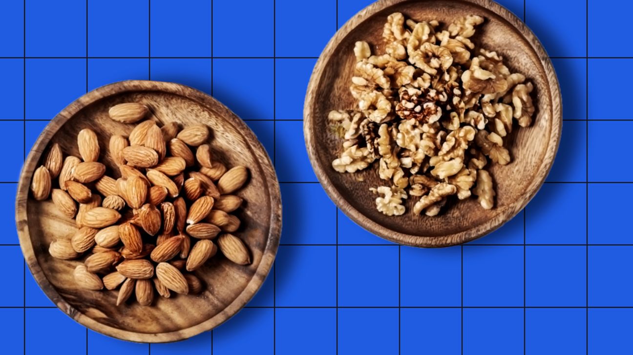 bowl of almonds and a bowl of walnuts on a blue background header