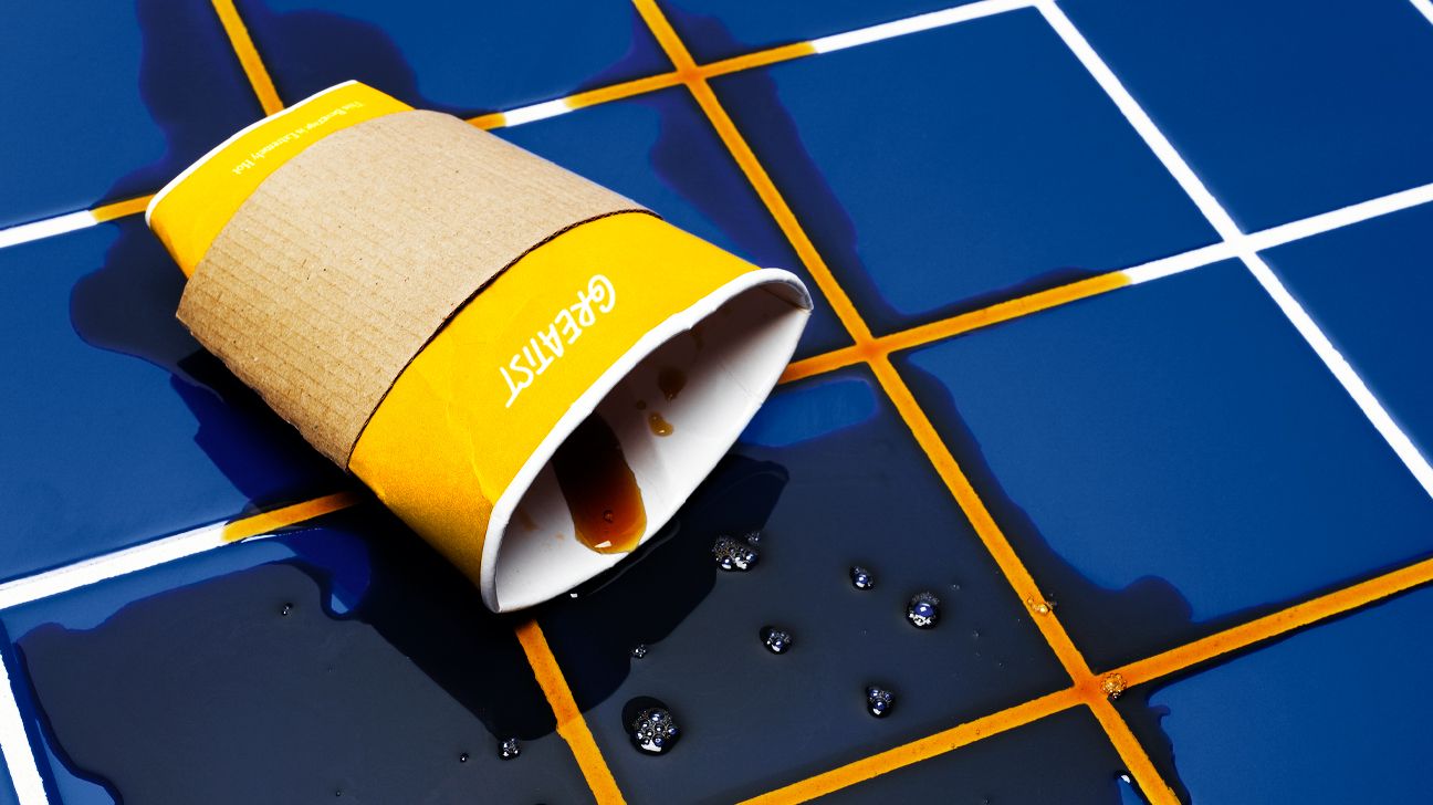 Disposable coffee cup crushed on tile floor because it is a pumpkin spice latte, studio shot, header crop