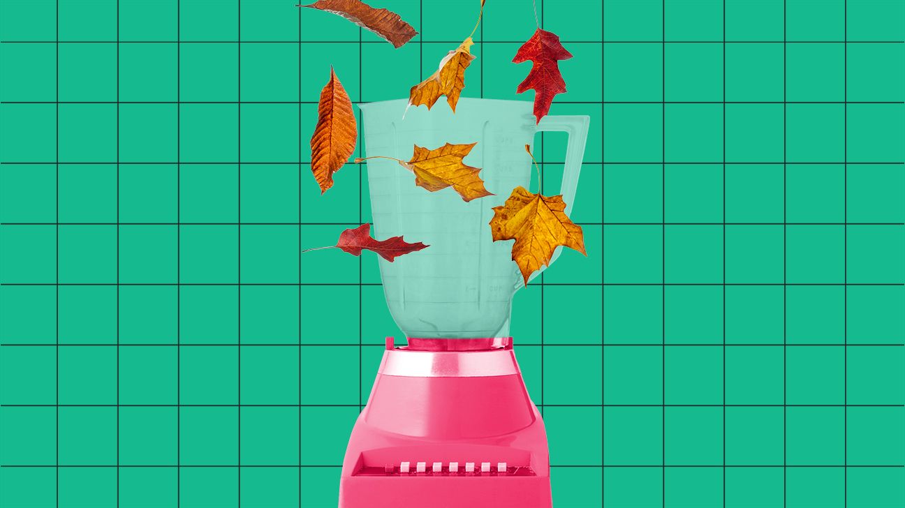 leaves falling into a blender to celebrate fall foods header