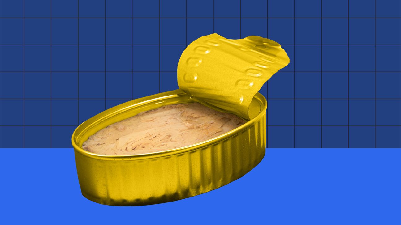 canned tuna on a blue background header