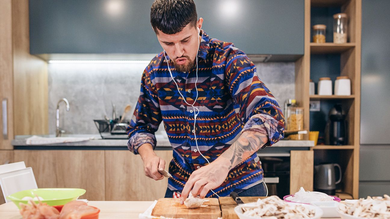 prepping food in the kitchen with tools