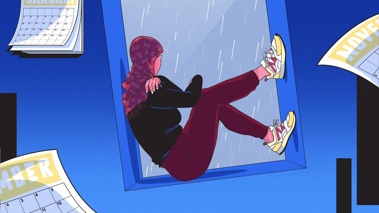 illlustration of depressed woman with sneakers staring out window with seasonal affective disorder header