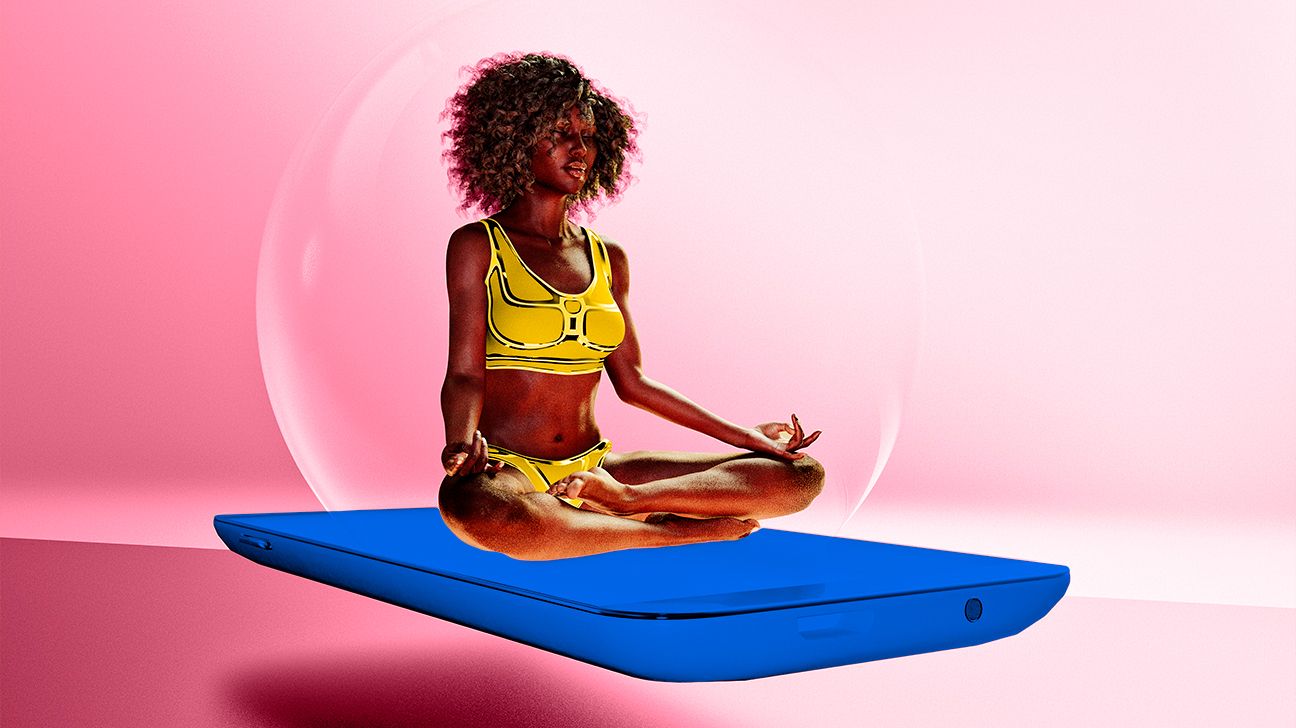 woman meditating while floating on a yoga mat