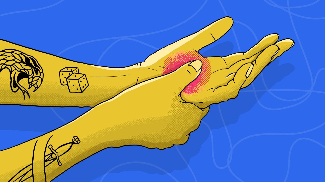 Cartoon illustration of hand holding, relaxing massage, wrist care