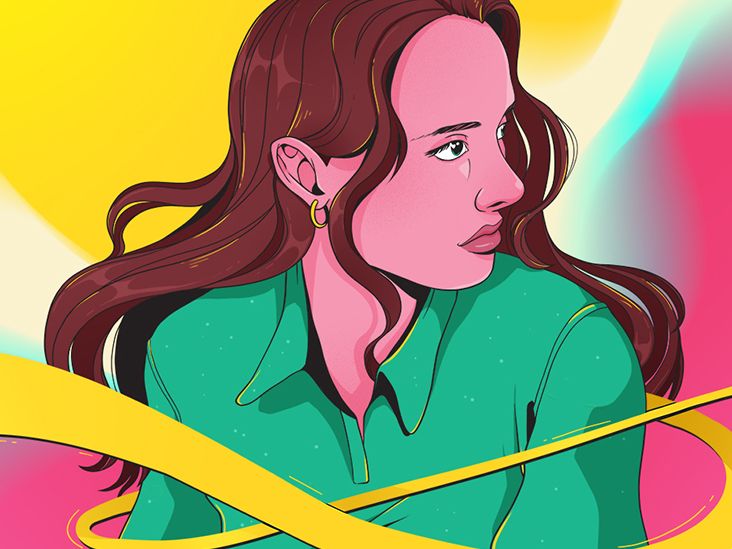 This illustration depicts a woman with hoop hearings and flowing brown hair looking toward the right with a nervous facial expression, as yellow swirls surround her.