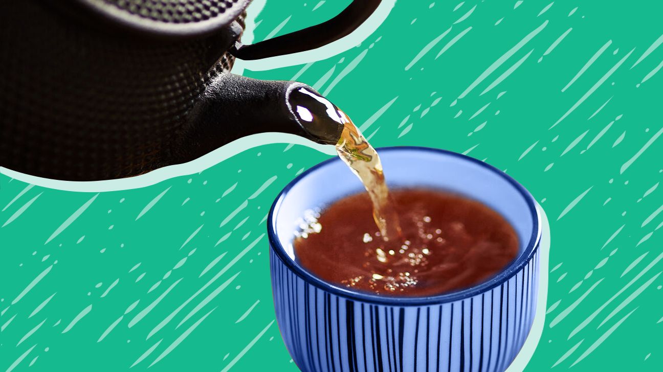decaf green tea being poured into a mug header