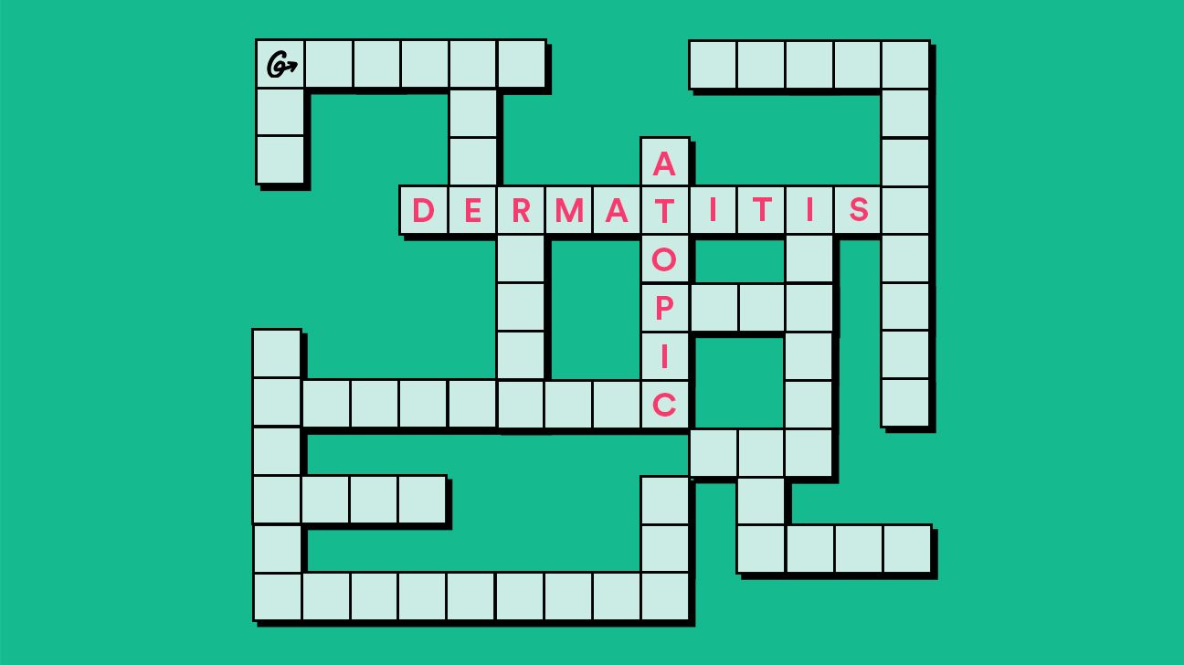 This is an illustrative image of a crossword puzzle. One vertical word is &quot;atopic,&quot; one horizontal word is &quot;dermatitis.&quot; The two words intersect at the &quot;T.&quot;