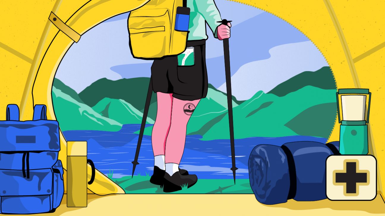 illustration of person hiking near a lake and mountains
