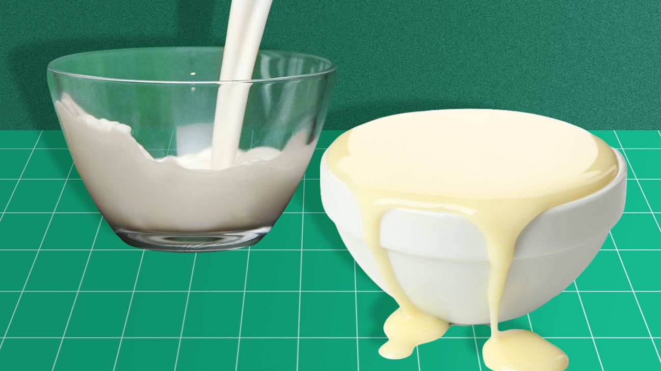 Bowls of evaporated and condensed milk on a green graph background