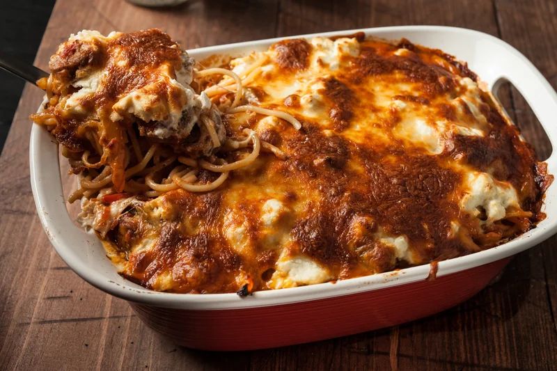 Baked Spaghetti With Sausage, Peppers, and Onions