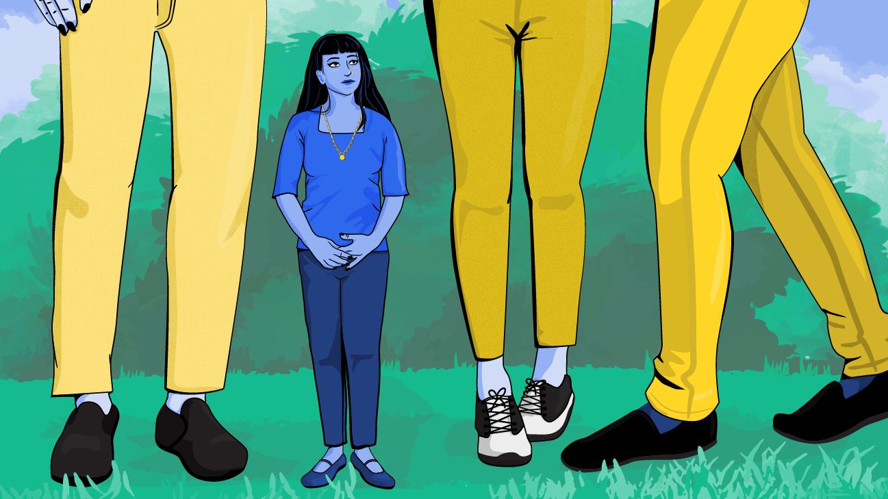 illustration of person feeling small next to long legs