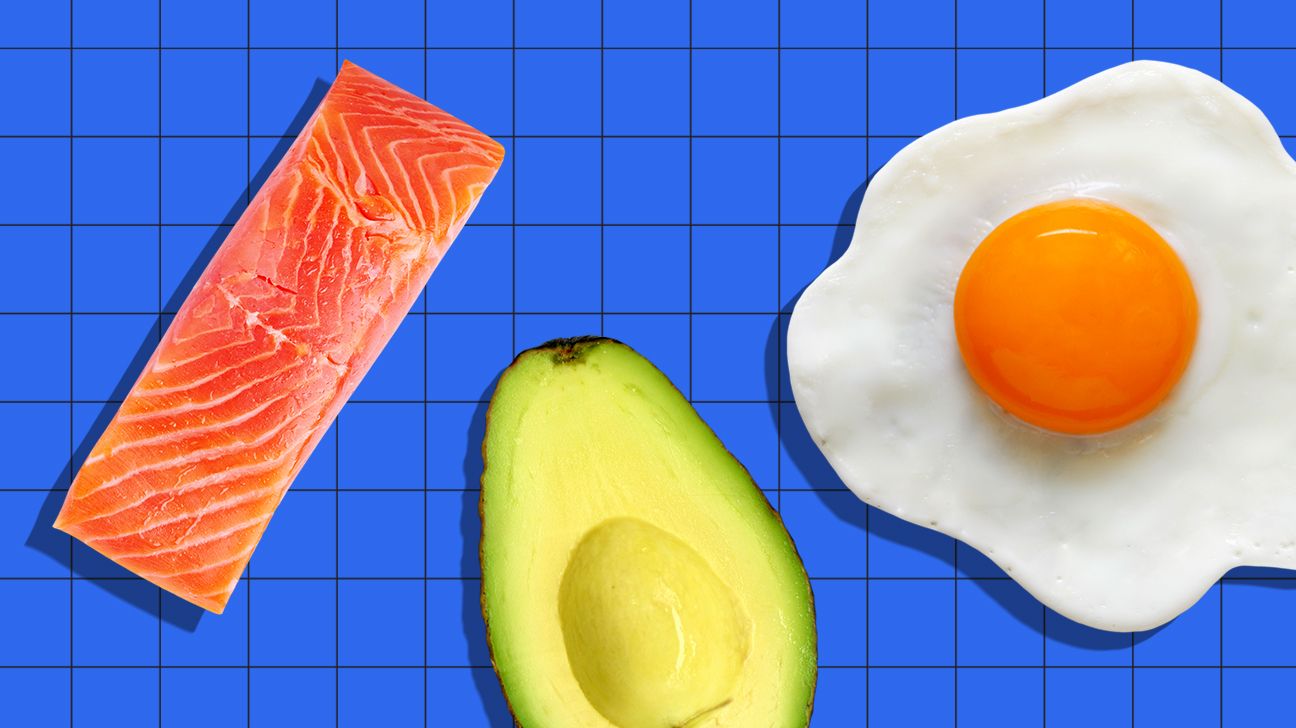 salmon avocado and egg on blue background