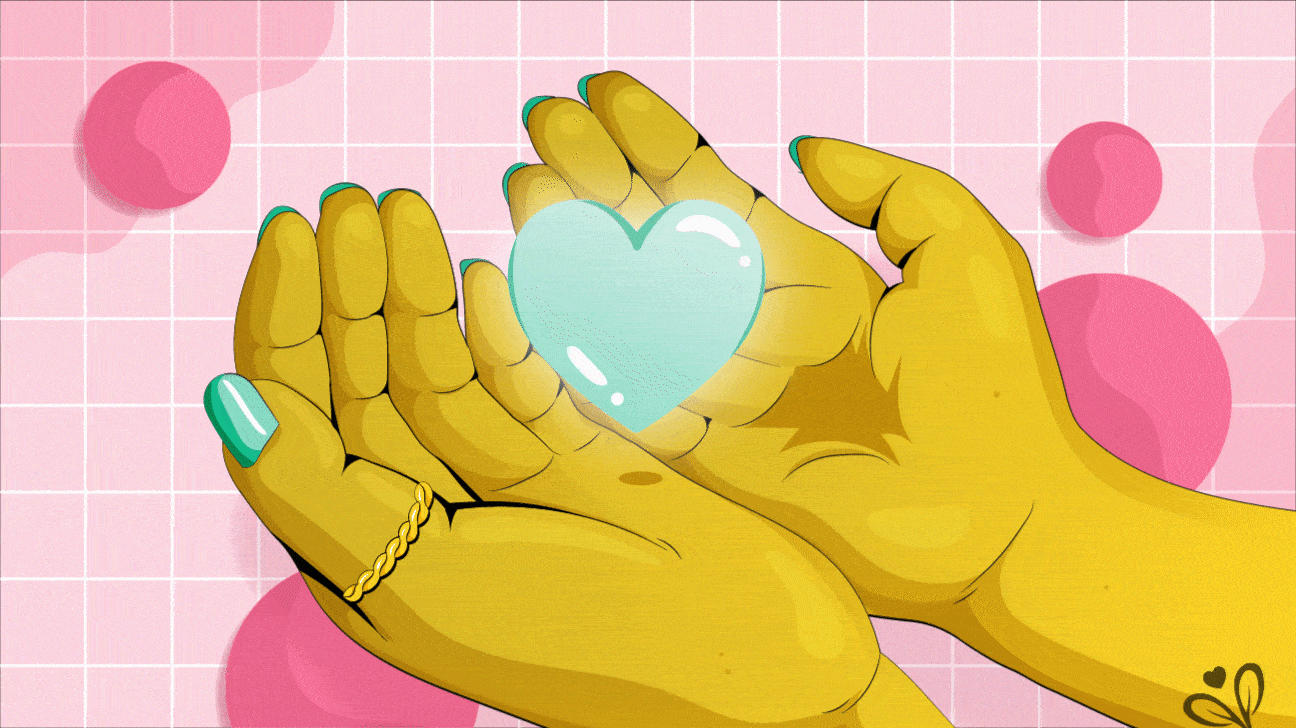 hands open to a floating heart
