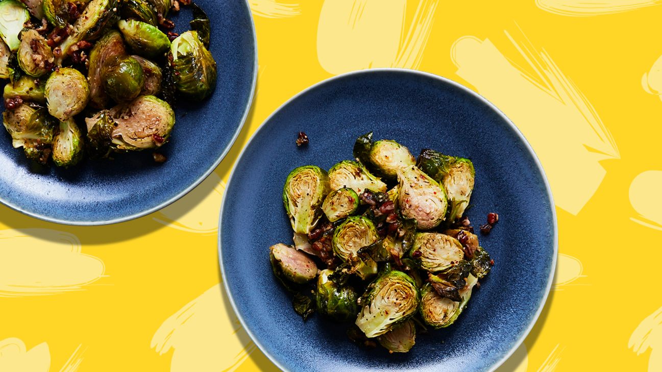 blue plate full of brussels sprouts