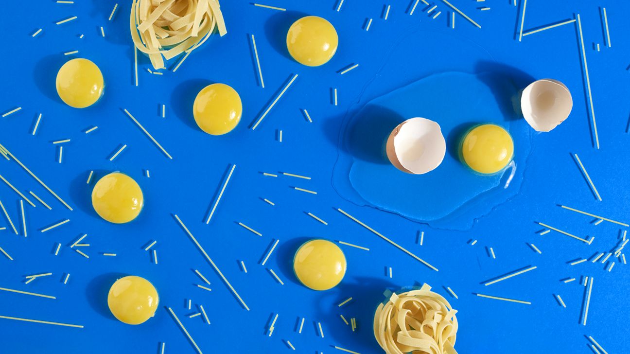 different types of pasta on blue background header