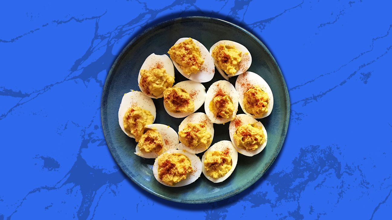 deviled eggs on blue background header