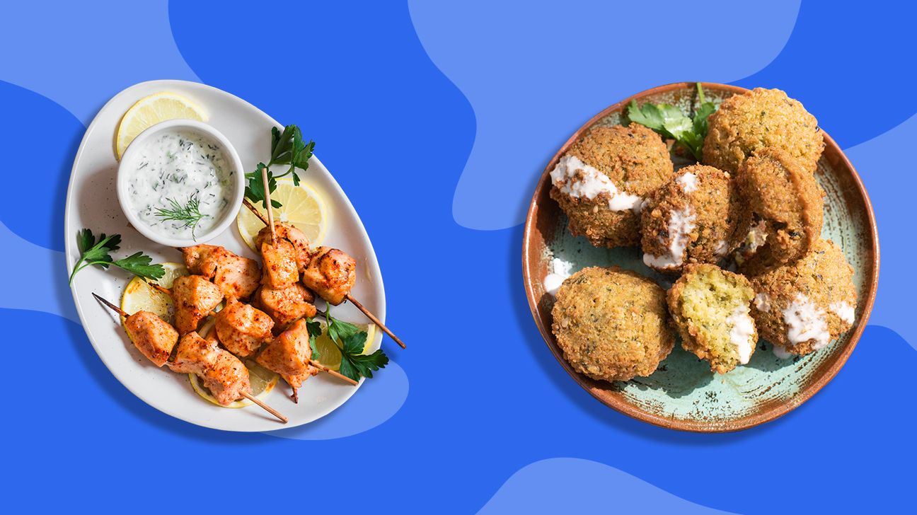 chicken with tzatziki sauce and falafel with tahini