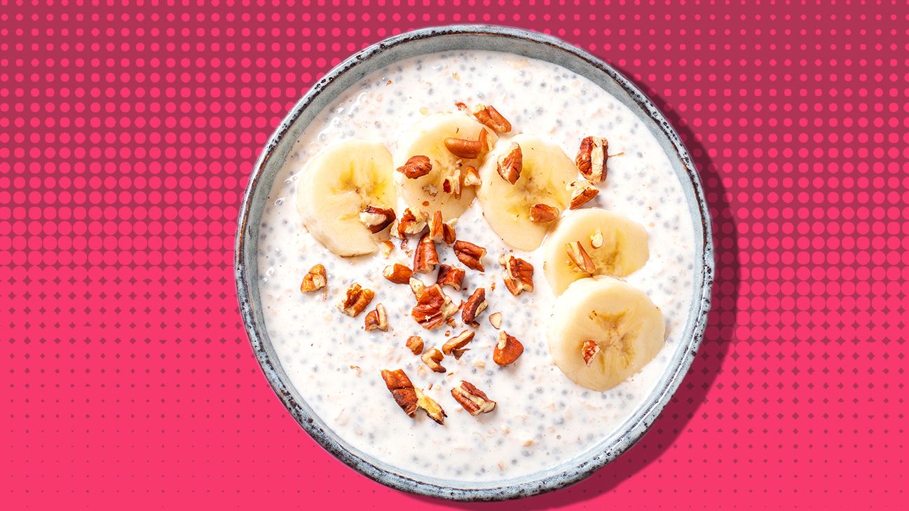 bananas, nuts, and chia seeds in yogurt