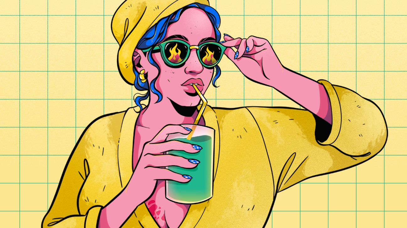 Illustration of a woman with curly hair wearing a yellow bath robe and sunglasses, drinking a green juice with a straw.