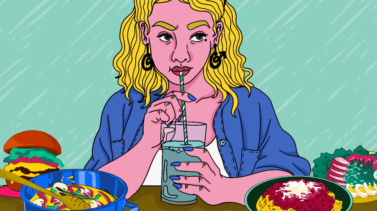 illustration of a person drinking juice instead of eating food