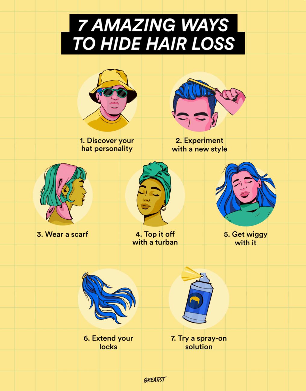 infographic showing 7 amazing ways to hide hair loss; tips include hats, hairstyles, scarves, turbans, wigs, extensions, and spray-on solutions