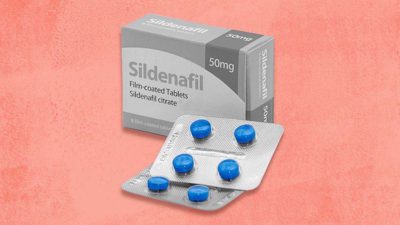Box of sildenafil with a blister pack of 4 tablets showing