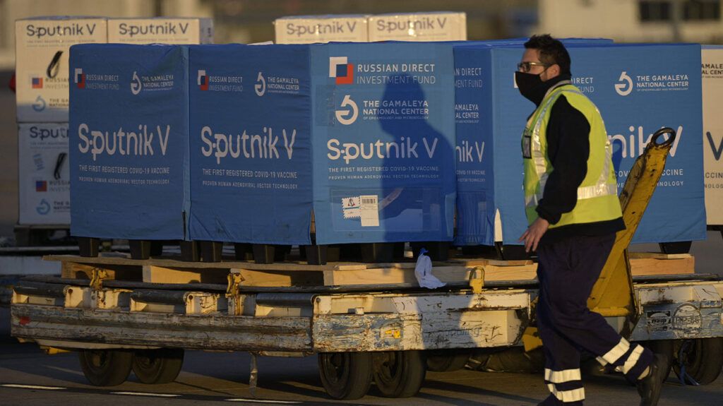 Shipping containers with the Sputnik V vaccine on the tarmac of Ezeiza International Airport in Buenos Aires, Argentina, on June 8, 2021