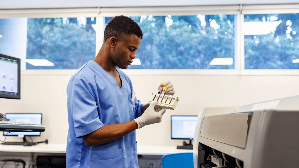 A male nurse with vials of blood from an MCHC blood test.