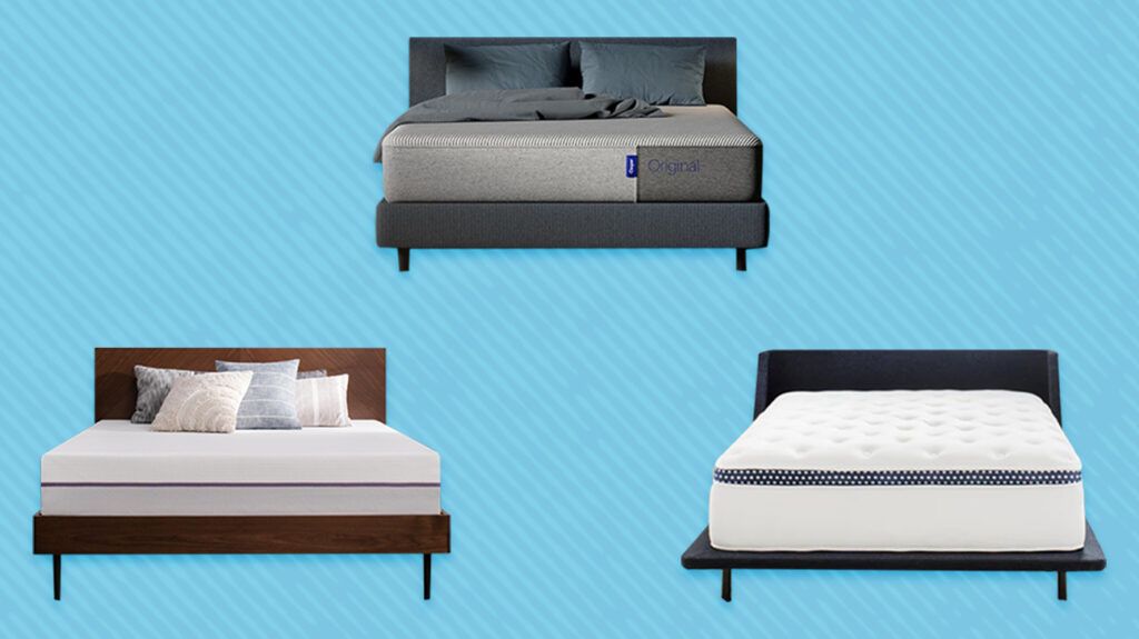 A selection of the best mattresses for back and neck pain against a blue background.