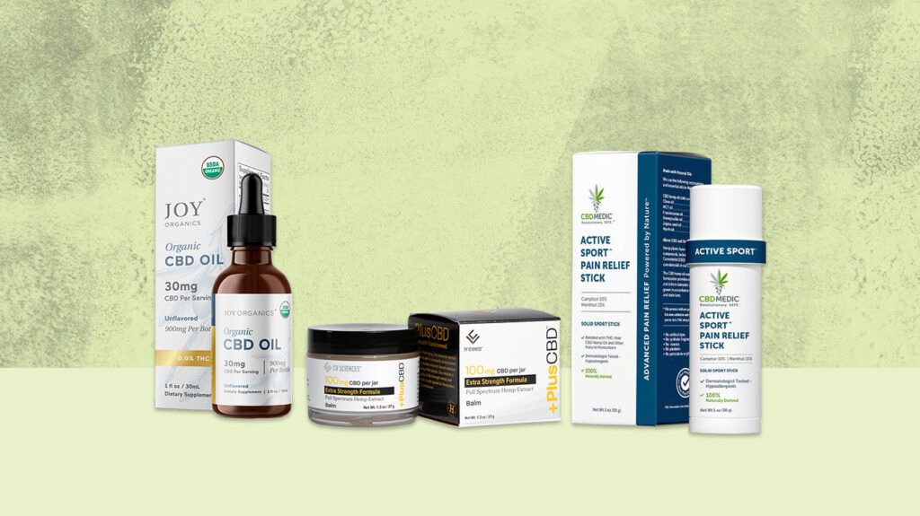The best CBD for pain management including Joy Organics, PlusCBD and CBDMedic, against a green background.
