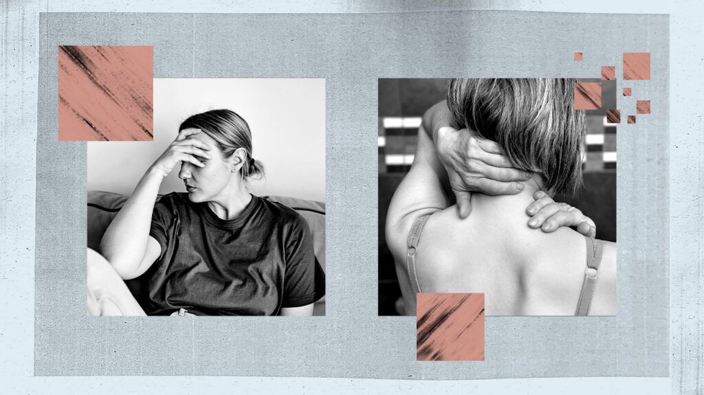 Collage of black and white images: A female with her head in her hand and a female from behind rubbing her neck and shoulder