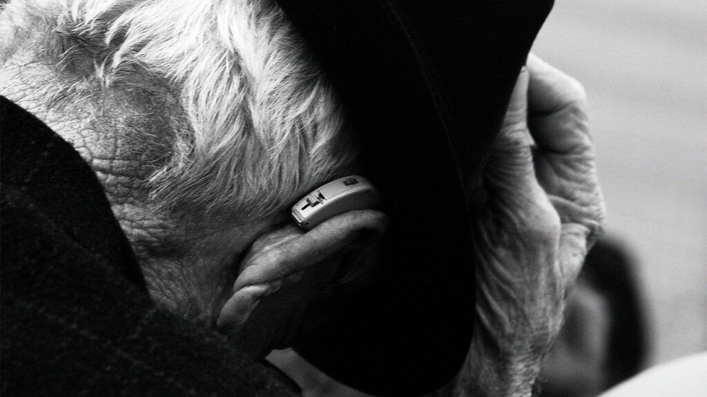 black and white photo close-up of hearing aid