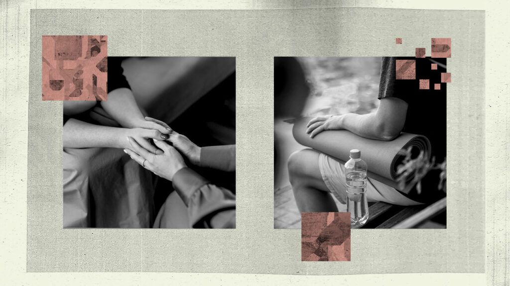 Collage of black & white images: One of two people holding hands and one of a person sitting on a bench with a bottle of water