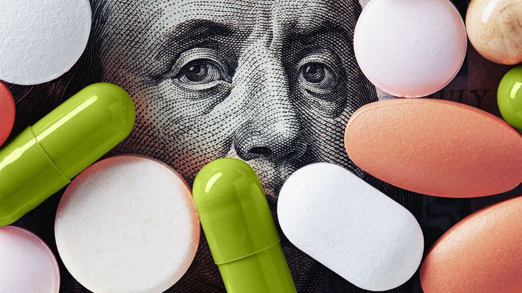 Colorful pills covering Benjamin Franklin's face to represent financial assistance for multiple myeloma treatment -2.