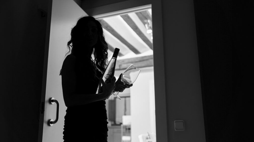 Black and white image of the silhouette of a female holding a wine bottle