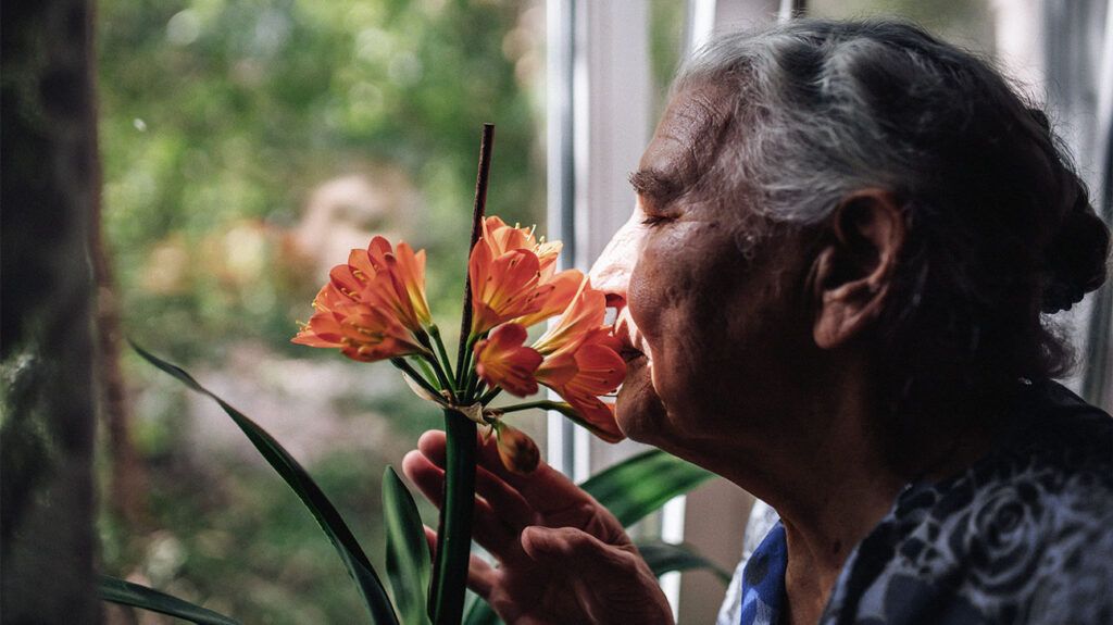 Older female smelling a flower by a window