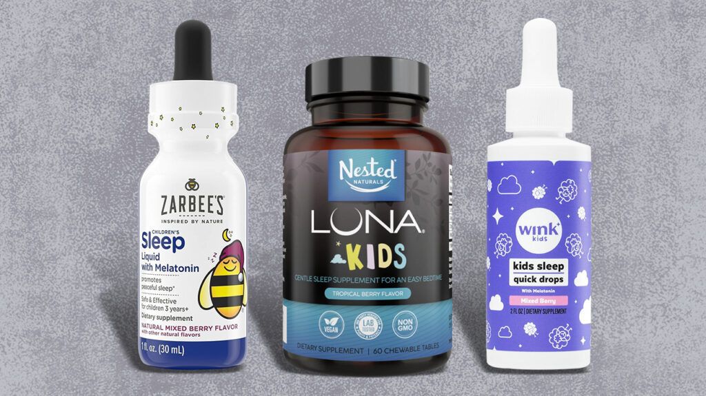 Three of the best melatonin options for kids against a gray background.