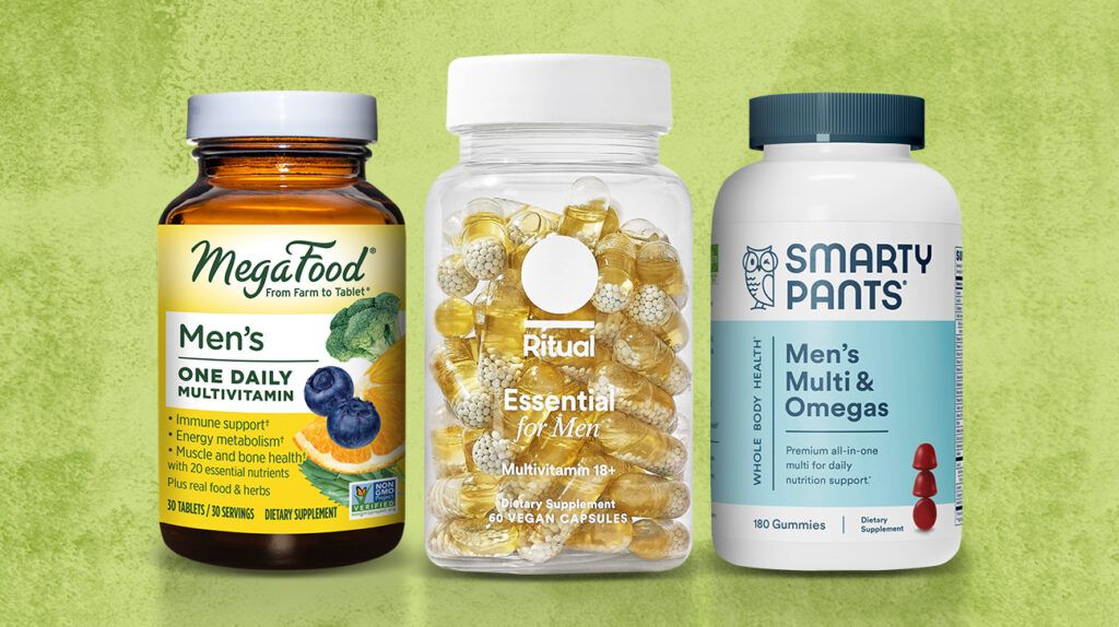 The best men's multivitamins against a green background.