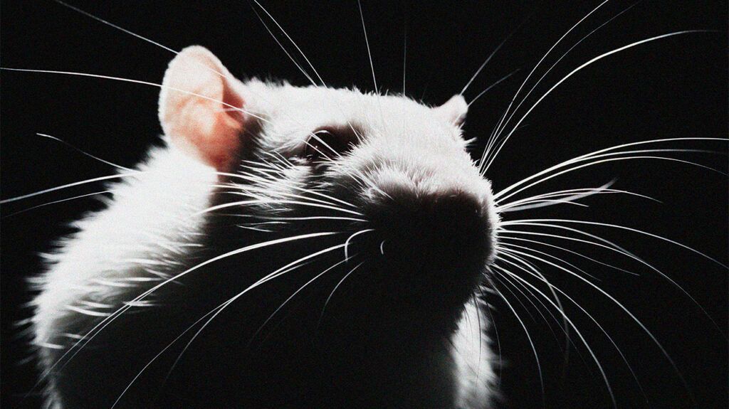 A close-up view of a white rat's face 1